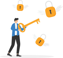 Businessman hold key unlock padlocks solving business problem. Employee find solution to trouble. Achievement and success. Vector illustration.

