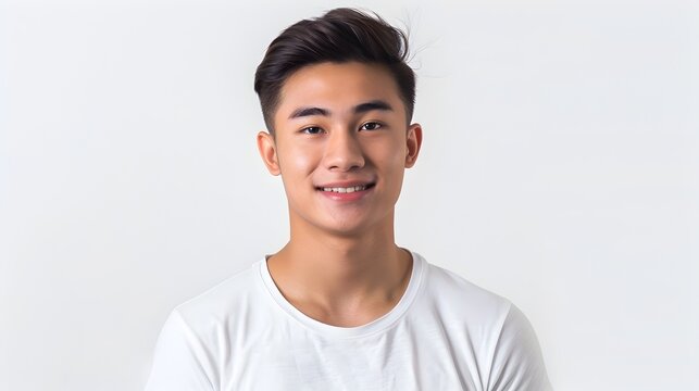 Asian Man Radiating Playful Self-confidence in Stylish White Tee