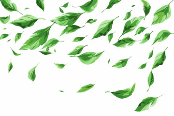 Green flying leaves wave. Organic cosmetic background. Natural herbal tea. Vegan, eco, bio design element. Leaf falling. Summer foliage ornament. Beauty product. Healthy food. Vector illustration - obrazy, fototapety, plakaty