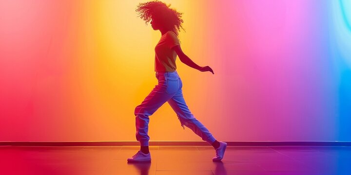 In jump. Beautiful girl dancing hip-hop in stylish clothes on colorful gradient background at dance hall in neon light. Youth culture, movement, style and fashion, action. Fashionable bright portrait.