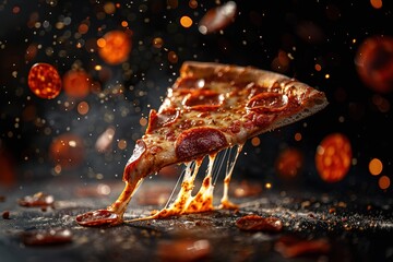 A flying slice of pepperoni pizza with stretching cheese on a black background. - obrazy, fototapety, plakaty