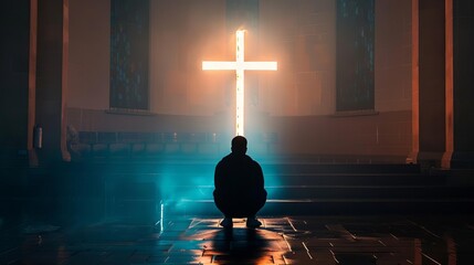 faithful christian man praying before illuminated cross spiritual devotion and worship religious concept photo - obrazy, fototapety, plakaty