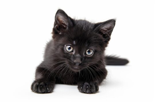 cute black cat isolated on white background studio photography cut out