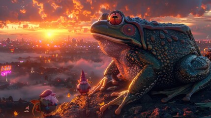 Mythical Giant Frog and Gnome Sidekicks Bask in Brilliant Sunset and NeonDrenched Cityscape - obrazy, fototapety, plakaty