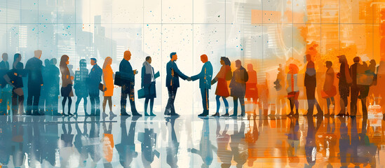 Business Professionals Shaking Hands at a Conference in a Vibrant Colorful Office Environment with Reflections and Silhouettes