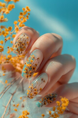 A hand holding a bunch of yellow flowers with well-manicured fingernails.