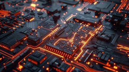 futuristic ai circuit board with glowing components on dark background 3d rendering