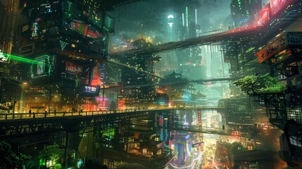 futuristic cyberpunk city at night neonlit buildings and streets dark urban landscape digital art