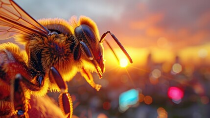 RetroFuturistic Sunset Bees Stinger Meets Human Canvas Against NeonLit Urban Backdrop - obrazy, fototapety, plakaty