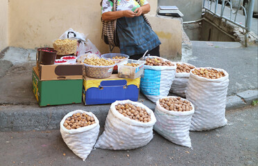 Stall of Raw Walnut's Kernels for Sale in Yerevan, Armenia