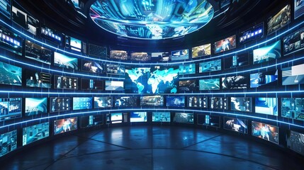 futuristic multimedia display with diverse content on multiple television screens technology concept