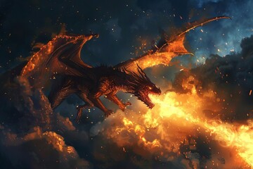 draconic fury epic battle of good vs evil giant dragon breathing fire in the dark night sky