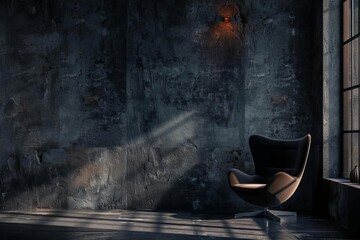 dramatic black room interior with glowing window light hdri map for 3d rendering