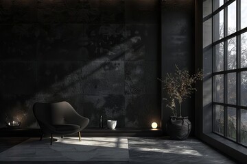 dramatic black room interior with glowing window light hdri map for 3d rendering