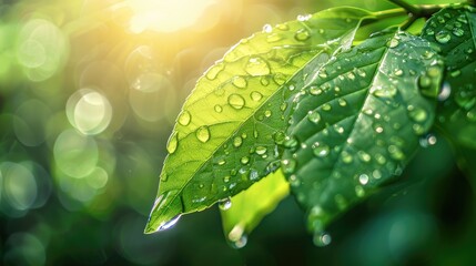 Sunlit dewdrop on green leaf, crisp nature macro, vibrant freshness. Morning dewdrop on leaf, crisp and clear with focused sunlight reflections, set against a lush green springtime backdrop. - obrazy, fototapety, plakaty