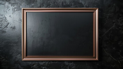 Single large rose gold frame on a matte black wall, designed for a luxurious and modern art exhibition