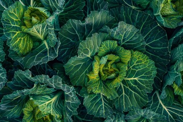 Closeup of lush green cabbage plants growing in a garden - obrazy, fototapety, plakaty