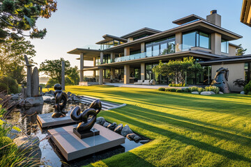 Refined residence with artful garden sculptures and water elements at dawn.