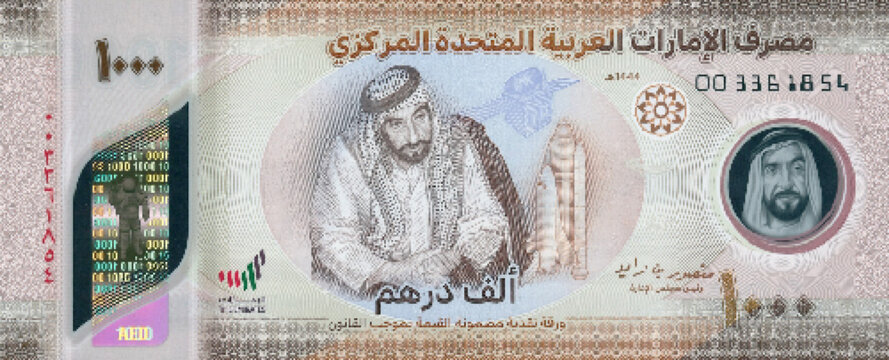 Vector obverse high poly pixel mosaic banknote of United Arab Emirates. Front side. Denominations of bill 1000 dirhams 2022. Game money of flyer.