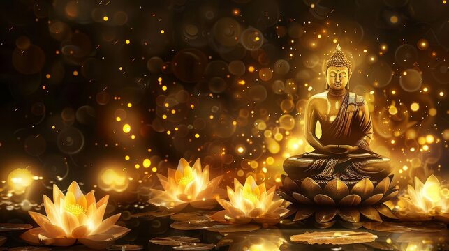 glowing lotus flowers and gold buddha statue spiritual zen illustration