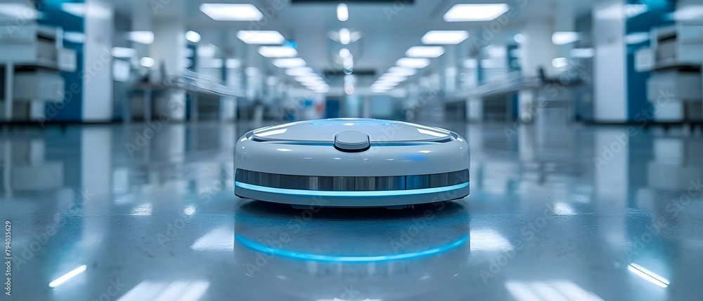 Poster robot cleaner uses advanced technology to tidy large offices and lab spaces. concept office cleaning