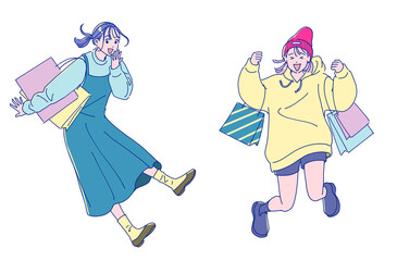 買い物袋を持ったアニメ風のジャンプする女性二人