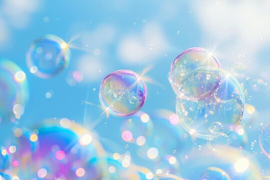 dreamy iridescent soap bubbles floating in pastel blue sky fantasy background