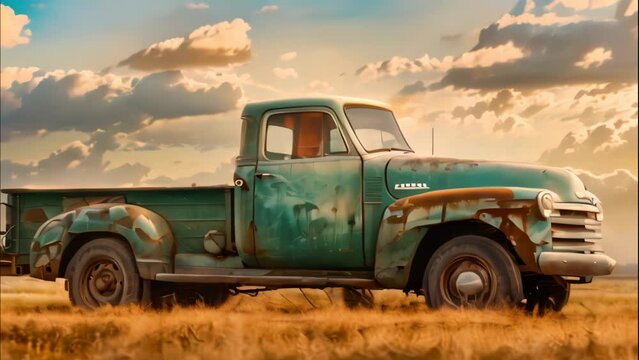 Pick up truck in vintage style. 4k video animation