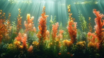 Underwater world with vibrant seaweed and aquatic plants gently swaying in crystal clear water