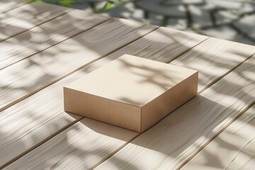 ecofriendly cardboard box with sticker mockup on light wooden surface 3d rendering