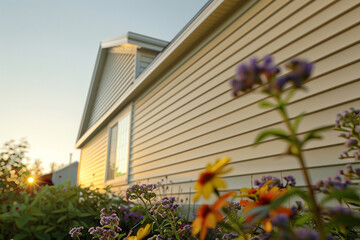 Angle from the flower bed of a vibrant vanilla house with siding, focusing on the home's integration with suburban nature, under a clear sky.