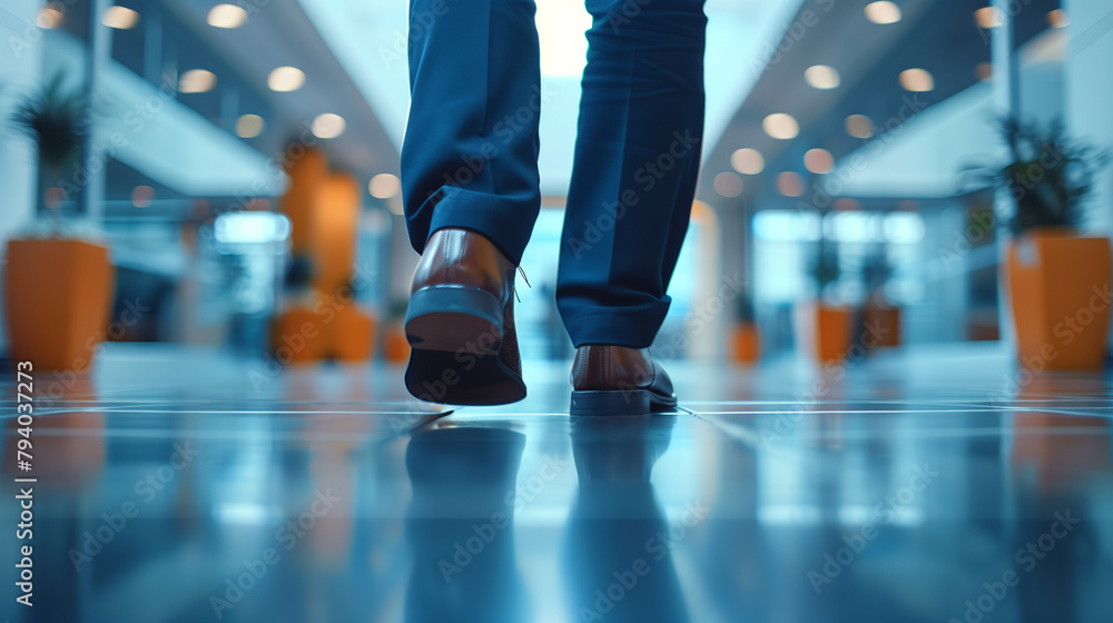 Wall mural businessperson walking in modern office, corporate life, close up of businessman's legs walking in modern office