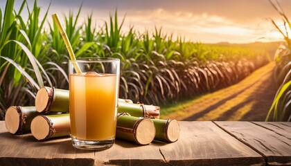 Refreshing Sugar Cane Juice with Plantation Farming Background