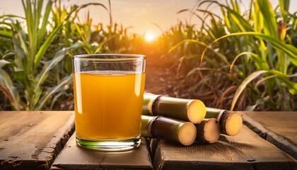 Sugar Cane Juice: Freshly Squeezed with Plantation Farming Background
