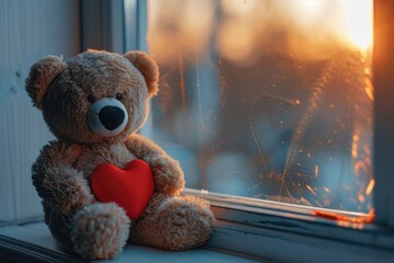 Teddy bear sits on the windowsill and looks into the distance. In his hands he holds his heart.