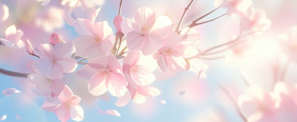 Obraz na płótnie Canvas Spring banner, blossoming cherry over blue sky background. Beautiful cherry blossom sakura in spring time, romantic image spring, landscape panorama.
