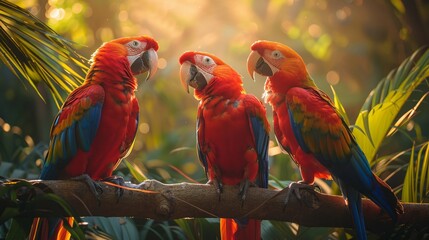Parrots singing in a vibrant jungle, morning light, eye-level, colorful, musical, lively, super detailed , ultra HD,