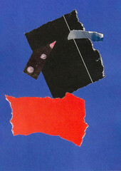 creative paper collage on blue background with black and red piece of paper