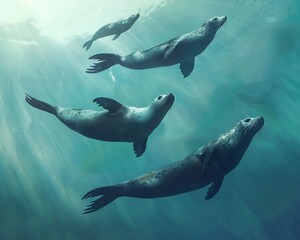 Seals performing synchronized swimming, executing elegant formations and maneuvers in the ocean - obrazy, fototapety, plakaty