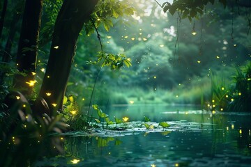 enchanted forest lake with glowing fireflies and lush vegetation fantasy landscape - obrazy, fototapety, plakaty