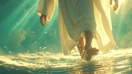 Jesus walks on water during storm at sea, waves ocean, miracle, 4k wallpaper, background, light, hope, religion culture，Miraculous Walk on the Stormy Sea - Abstract Vector Illustration for 4K Wallpape - obrazy, fototapety, plakaty