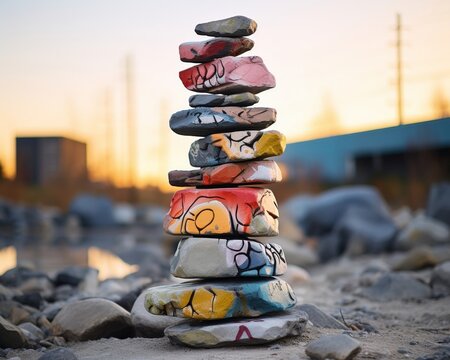 Close-up of a gravity-defying pebble stack, serene backdrop, soft dawn light, graffiti street art style