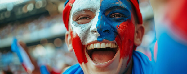 Close-up of a football fan's face painted in their national colors, exuding excitement and passion during a Euro 2024 match, a man with his face painted in the colors of the french flag header