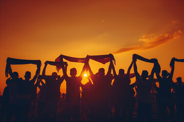 Silhouette of football fans raising their scarves in unison, creating a striking visual against the backdrop of the setting sun. People in nature hold scarves in air, happy at sunset