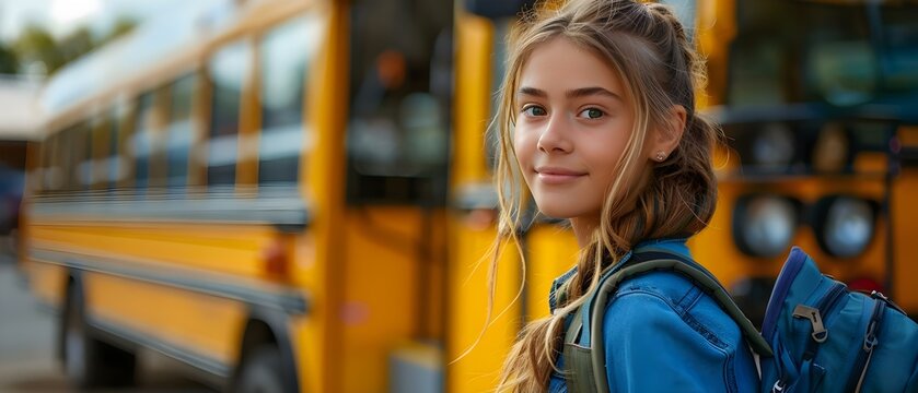 Young girl poses with school backpack in front of yellow school bus. Concept Back-to-School Photos, School Bus Portrait, Student Backpack Fashion, Outdoor Photo Session