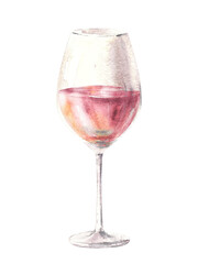 Glass of rose wine, drink, juice, liqueur, schnapps, champagne. Hand drawn watercolor illustration.