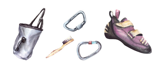 Climbing bouldering equipment magnesium bag, shoes, brush, carabiner Watercolor painted illustration © Bartol_art