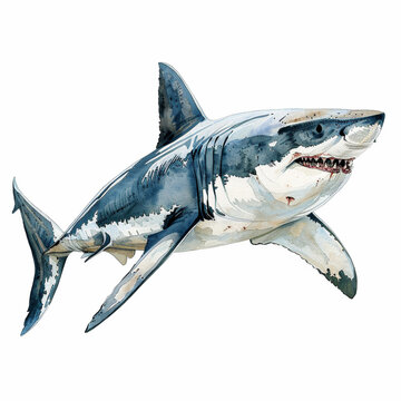 A watercolor painting of a great white shark