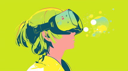 A girl wearing a virtual reality headset. The background is green