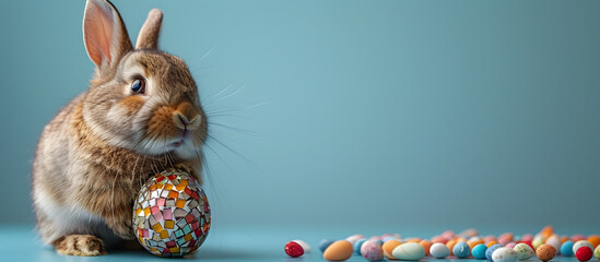 Curious Rabbit Inspecting a Mosaic Patterned Easter Egg on a Light Blue Backdrop